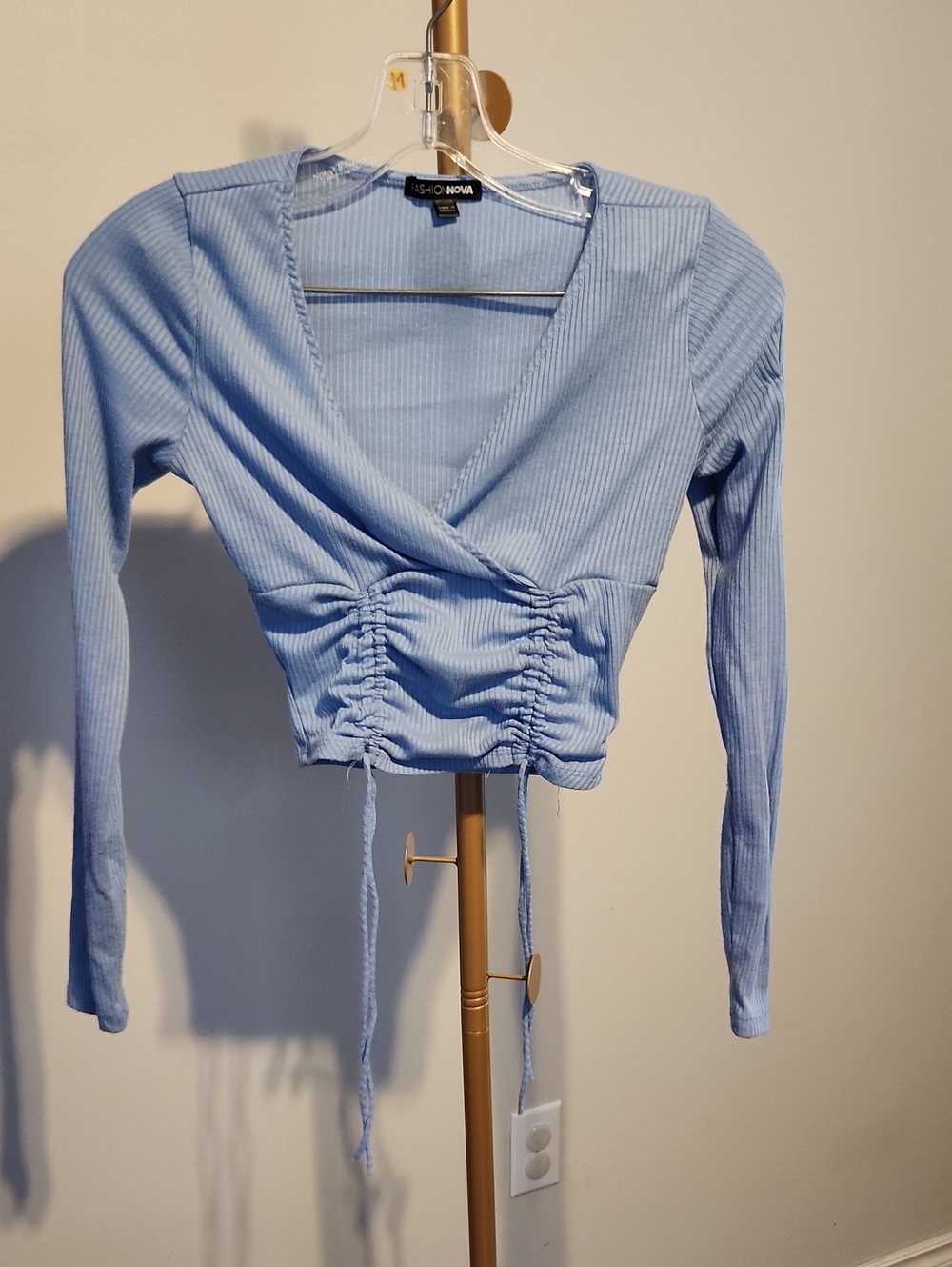 Fashion Nova Light Blue Ribbed Ruched Wrap Crop Top